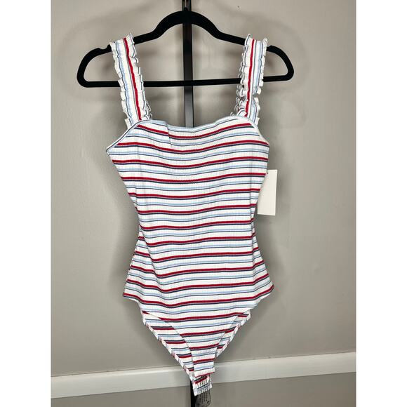 Heatherly Raina Striped Ruffle Strap Knit Bodysuit Multi Women's Size LP NWT - Picture 4 of 9